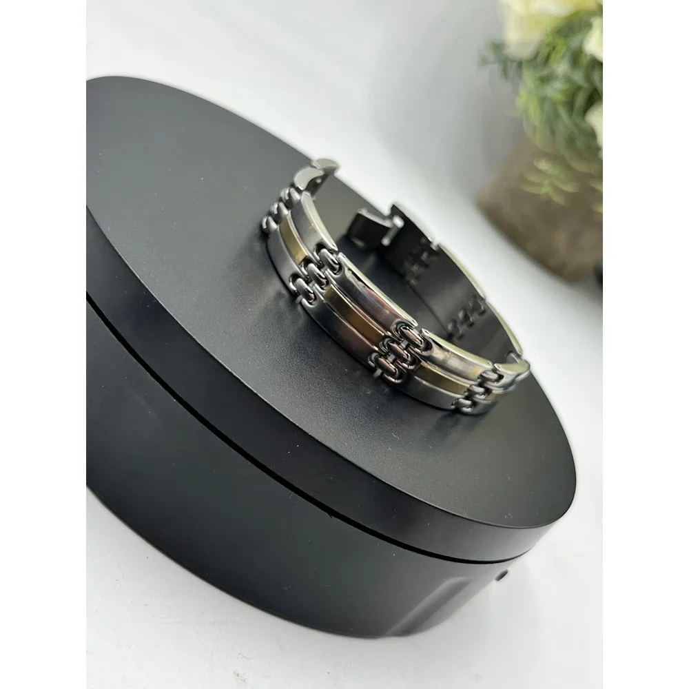 Designer Signed Stainless Steel and‎ 14K Yellow Gold Accents Bracelet